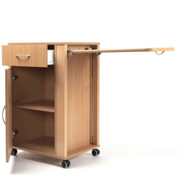 385P - 3Q view - table out drawer open 385 Mesa de cabeceira com estante