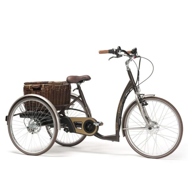 2219 - Vintage Brown e-Version - 3Q view with basket 2219 E-Vintage triciclo elétrico 24"